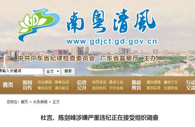 杜言、陈剑峰涉嫌严重违纪正在接受组织调查