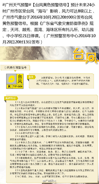 广州发台风黄色预警 4区中小学幼儿园停课
