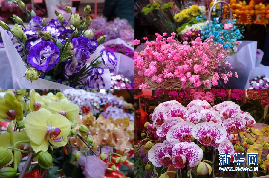 1月25日,广州市越秀区西湖花市鲜花档售卖的各类鲜花(拼版照片).