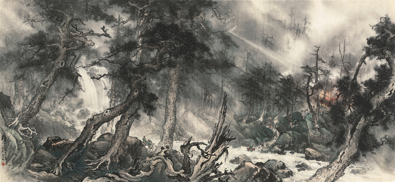 黎雄才《护林》中国画 150x322.8cm 1959年 中国美术馆藏